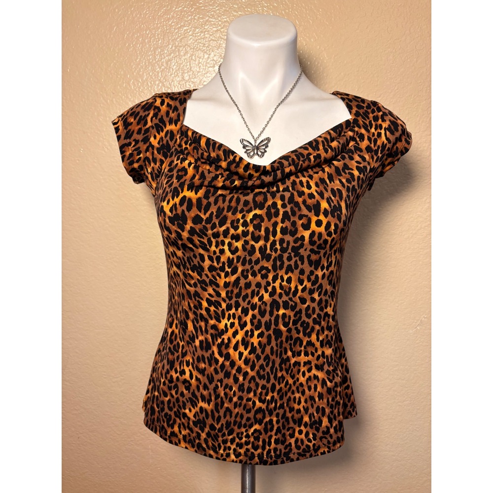 Y2K Liz & Co. Petite Leopard Print Cowl Neck Short Sleeve Top Brown Black PS #5
